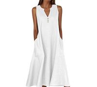 zoocco Linen Dresses for Women 2025 with Pockets - Casual Summer Sundress for Beach Vacation & Daily Wear (White,L)