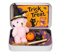 zoocco Mini Halloween Bear in a Box, Handmade Halloween Bear in a box for Trick or Treat with Broomstick, Magic Cat & Coffin Decor for Loving Kids (Pink)