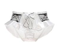 ZooChest Womens Silk Knickers French Lace Trim Bow Cute Sexy Underwear Ladies Soft Stretch Frilly Full Coverage Briefs White Bridal Lingerie Sissy Clothing Satin Panties M