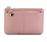 ZOOEASS Women Genuine Leather Zip Mini Coin Purse With Key Ring Triple Zipper Card Holder Wallet, Pink, Standard
