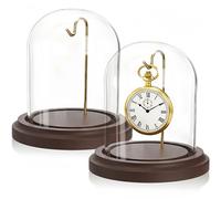 ZOOFOX 2 Pack Pocket Watch Glass Display Dome, Clear Glass Display Cloche with Hook and Wooden Base, 3" x 4" Decorative Bell Jar for Watch Plants Medals Photos Collectibles