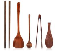 ZOOFOX 6-in-1 Wooden Utensils for Cooking, Kitchen Nonstick Wood Cooking Utensils Set with Japanese Style, Wooden Long Chopsticks, Spatula, Toaster Tong, Long Handle Spoon and Fish-shaped Rice Spoon