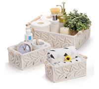 ZOOFOX Set of 3 Macrame Storage Basket, Handmade Woven Boho Basket with Cloth Liner and Wooden Handles, Decorative Toilet Tank Shelf Cabinet Organizer for Bedroom Living Room Nursery