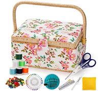 ZOOFOX Sewing Basket with Accessories, Wooden Storage Box with Removable Tray, Vintage Sewing Kit Carrying Bag for Mending, Beginner & Professional, Floral Print