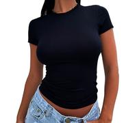 zoogobee Black Tshirt Y2k Basic Tops for Women UK Short Sleeves Crew Neck Long T Shirts Skims Going Out Tops (UK, Alpha, L, Regular, Regular, Black)
