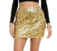 zoogobee Sequin Mini Skirt for Women Sparkly Bodycon Party Club Night Outfit Glitter Holiday Dinner Date Skirt Stretchy Travel Friendly Casual Dress (UK, Alpha, S, Regular, Regular, Gold)