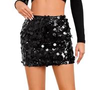 zoogobee Sequin Mini Skirt for Women Sparkly Bodycon Party Club Night Outfit Glitter Holiday Dinner Date Skirt Stretchy Travel Friendly Casual Dress (UK, Alpha, S, Regular, Regular, Black)