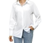 zoogobee Women's Blouses with Long Puff Sleeves Button Down Shirts Fashion V-Neck White Lady Top Shirt for Work Casual Shop (UK, Alpha, XL, Regular, Regular, White)