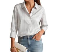 zoogobee Womens Shirts 3/4 Sleeve Tops for Women UK Striped Button Down Wrinkle Free Easy CareBusiness Casual Work Office Ladies Blouses (UK, Alpha, S, Regular, Regular, White)
