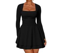 zoogobee Women's Square Neck Ruffle Hem Mini Dress Ruched Waist Long Sleeve Corset Short Party Dresses Black