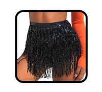 Zookey Sequin Tassel Skirt Fringe Skirts Christmas Skirt Belly Dance Hip Scarf Glitter Mini Skirt Rave Outfit for Women and Girls Black