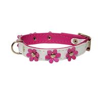 Zooleszcz LEATHER DOG COLLAR FLOWER Designer DAISY COLOUR PADDED Handmade WHITE with PINK lining and PINK FLOWER (15.5" 1.5cm wide/ 40cm long)