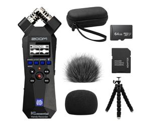Zoom H1essential Recorder Bundle with 64GB Card, Case, Windscreens & Tripod | 32-bit float recorder bundle with 64GB microSD card, adapter, 99KOLB EVA case, furry and foam windscreens, and octopus tripod