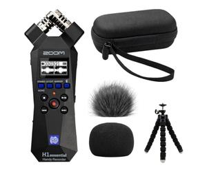 Zoom H1essential Recorder Bundle with Case, Windscreens & Tripod | 32-bit float recorder bundle with 99KOLB EVA case, furry and foam windscreens, and octopus tripod.
