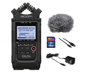 Zoom H4n Pro All Black 4-Track Portable Recorder (2020 Model) with Zoom AD-14 AC Adapter, Windbuster, 16GB Memory Card & USB Cable Bundle