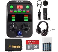 Zoom PodTrak P2 Podcast Recorder Bundle with a ZUM-2 Mic, ZHP-2 Headphones, a Tripod Stand, Mount, Windscreen, USB-C Cable, 32GB microSDHC Card, AA Battery Kit with Charger