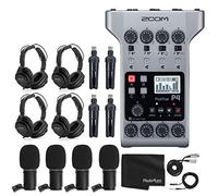 Zoom PodTrak P4 Portable Multitrack Podcast Recorder + 4x Zoom M-1 Mic + 4x Headphones + Windscreens + XLR Cables + 4x Tabletop Stand + Cloth - 4 Person Podcasting Mic Pack Bundle