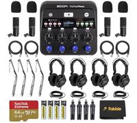 Zoom PodTrak P4next Portable Multitrack Podcast Recorder Bundle with 4 Zoom ZDM-1 Podcast Mic Packs, 4 On-Stage MBS5000 Boom Arms with XLR Cables, 64GB microSDXC Card and AA Batteries