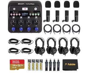 Zoom PodTrak P4next Portable Multitrack Podcast Recorder Bundle with Microphones, Headphones, Windscreens, Desktop Mic Stand, 128 GB microSDXC Memory Card, 4 AA Batteries & Charger
