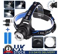 Zoomable T6 Led Head Torch Headlamp - 90000Lm Rechargeable Light With Batteries & Usb - Uk Stock