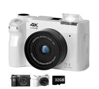 Zoomix Digital Camera, 4K 75MP Digital Camera, 18X Digital Zoom Compact Camera with 3.0" Screen & Smart Focus, Front and Rear Dual Cameras for Beginners(White-32gb#)