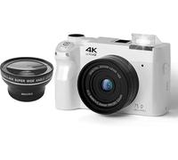Zoomix Digital Camera, 4K 75MP Digital Camera, 18X Digital Zoom Compact Camera with 3 Inch LCD Screen, Front and Rear Dual Cameras for Beginners(White+Wide-Angle Lens)