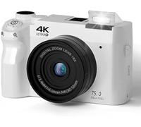 Zoomix Digital Camera, 4K 75MP Digital Camera, 18X Digital Zoom Compact Camera with 3 Inch LCD Screen, Front and Rear Dual Cameras for Beginners(White+64G)