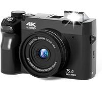 Zoomix Digital Camera, 4K 75MP Digital Camera, 18X Digital Zoom Compact Camera with 3 Inch LCD Screen, Front and Rear Dual Cameras for Beginners(Black+64G)