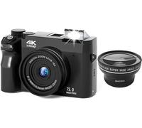 Zoomix Digital Camera, 4K 75MP Digital Camera, 18X Digital Zoom Compact Camera with 3 Inch LCD Screen, Front and Rear Dual Cameras for Beginners(Black+Wide-Angle Lens)