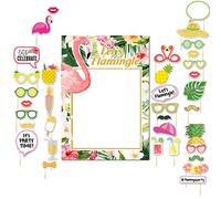 ZOOMPIL Hawaiian Party Photo Booth Props Kit, Frame Flamingo Pineapple Selfie Frame, 36Pcs Mustache Glasses Hat Photo Prop Supplies, Hawaii Beach Accessories for Party Photography