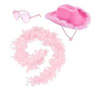 ZOOMPIL Pink Feather Cowgirl Hat with Feather Boa and Heart Sunglasses, Adjustable Felt Cowboy Hat for Women - Secure Fit, for Nashville Bachelorette Party, Cowgirl Costume & Country Concerts