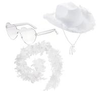 ZOOMPIL White Feather Cowgirl Hat with Feather Boa and Heart Sunglasses, Adjustable Felt Cowboy Hat for Women - Secure Fit, for Nashville Bachelorette Party, Cowgirl Costume & Country Concerts