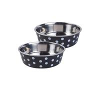 Zoon Set of 2 Dog Food Bowls Pet Dish Navy Polka Dot 21cm Durable Stainless Steel Non Slip