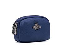 ZOONAI Genuine Leather Double Zipper Coin Purse Bee Change Pouch Credit Card Holder (Blue)