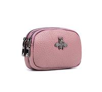 ZOONAI Genuine Leather Double Zipper Coin Purse Bee Change Pouch Credit Card Holder (Pink)