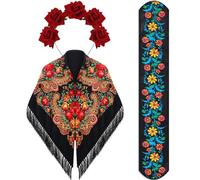Zoooyawn 3 Pcs Traditional Embroidered Mexican Belt Adjustable Mexican Rose Flower Crown Day of the Dead Floral Crown Exotic Wrap Printed Scarf for Women Boho Floral Traditional Fiesta Party Sash,