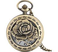 ZOOPH Classic Pocket Watch,Watch with Chain Antique Carving Rose Case Quartz Pocket Watch Hollow Bloom Hollow Pendant Necklace Chain Bronze Clock Vintage