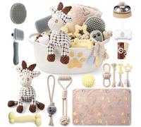 Zopeal 17 Pcs Summer Puppy Gift Set, Dog Toy & Essentials Bundle with Chew Toys, Poop Bag Dispenser, Grooming Brush, Training Bell, Blanket & Rope Basket(Beige,Sheep)