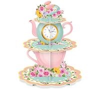 Zopeal 3 Tier Floral Tea Party Cupcake Stand Decorations Spring Vintage Teapot Cupcake Holder Talking Party Dessert Tower for Flower Theme Baby Shower Princess Birthday Wedding Supplies
