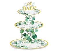 Zopeal 3 Tier Sage Greenery Baby Shower Cupcake Stand Party Decorations Eucalyptus Leaf Cupcake Holder Green Jungle Leaves Theme Dessert Tower for Boho Baby Shower Gender Reveal Woodland Party Supply