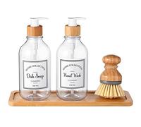 Zopeal 4 Pcs 16 oz Kitchen Soap Dispenser Set with Bamboo Tray and Dish Brush Plastic Soap Dispenser Set with Waterproof Labels for Hand Dish Lotion(Transparent)