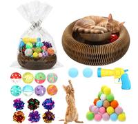 Zopeal 64 Pcs Cat Toy Set, Magic Organ Cat Scratcher Board Ball Launcher Gun Crinkle and Yarn and Plastic Bell Ball Kitten Toy with Bow for Indoor Pet Kitten Interactive Engaging Gift