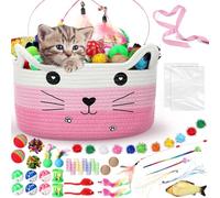 Zopeal 76 Pcs Cat Storage Basket Gift Toys Set, Interactive Cat Toys, Kitten Wand, Colorful Flashing Balls Pet Bell Crinkle Balls Spring Attract Kitten to Swat, Bite, Hunt for Pet Indoor (Pink)