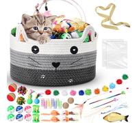 Zopeal 76 Pcs Cat Storage Basket Gift Toys Set, Interactive Cat Toys, Kitten Wand, Colorful Flashing Balls Pet Bell Crinkle Balls Spring Attract Kitten to Swat, Bite, Hunt for Pet Indoor (Grey)