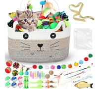Zopeal 76 Pcs Cat Storage Basket Gift Toys Set, Interactive Cat Toys, Kitten Wand, Colorful Flashing Balls Pet Bell Crinkle Balls Spring Attract Kitten to Swat, Bite, Hunt for Pet Indoor(Brown)