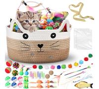 Zopeal 76 Pcs Cat Storage Basket Gift Toys Set, Interactive Cat Toys, Kitten Wand, Colorful Flashing Balls Pet Bell Crinkle Balls Spring Attract Kitten to Swat, Bite, Hunt for Pet Indoor(Khaki)