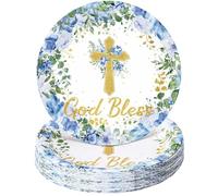 Zopeal Baptism Cross Paper Plates 7 Inch God Bless Blue Flower Disposable Plates First Holy Communion Floral Party Plates Tableware for Christening Celebration Baby Shower Religious Party Supplies