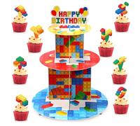 Zopeal Building Block Cupcake Stand with 24pcs Cupcake Toppers 3 Tier Colorful Blocks Birthday Cake Stand Holder Cardboard Dessert Tower for Brick Birthday Party Supplies Decoration
