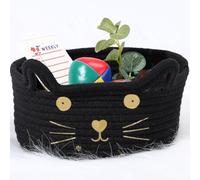 Zopeal Cat Basket Storage Woven Organizer with Ears Easter Decorative Gift Pet Toy Cute Cotton Rope Basket for Gift Cat Dog Toy Bin Nursery Room(8.3 x 4.7 Inch,Black)