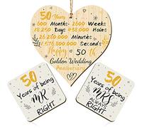 Zopeal Happy 50th Golden Wedding Anniversary Wooden Hanging Heart Plaque and Pair of Mr Right and Mrs Always Right Coaster Square Coaster for Married Couple Wife Husband 50th Anniversary Party Gifts